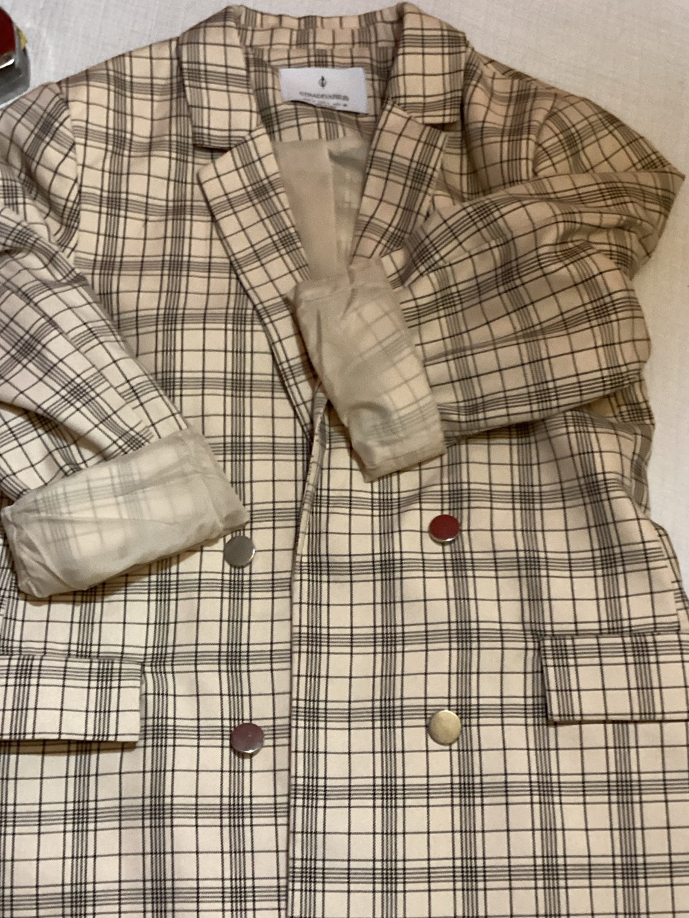 Stradivarius Cream Plaid Double-Breasted Blazer